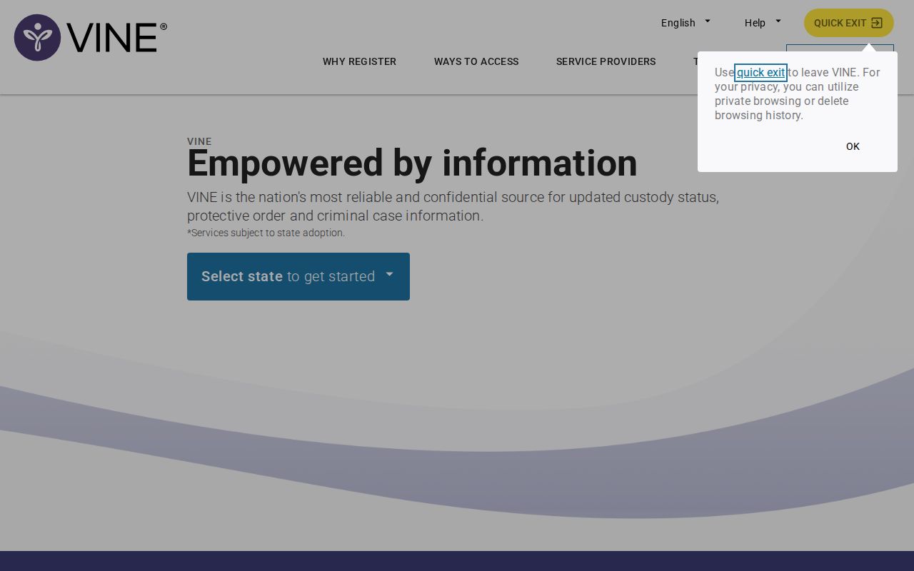 VINELink notification registration screen for a Williamson County custody alert